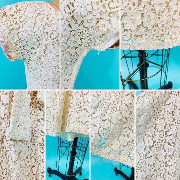 Vintage 1950s Cream Lace Dress Scoop Neck Cocktail Fit N Flare | W 25" - Picture 8 of 8